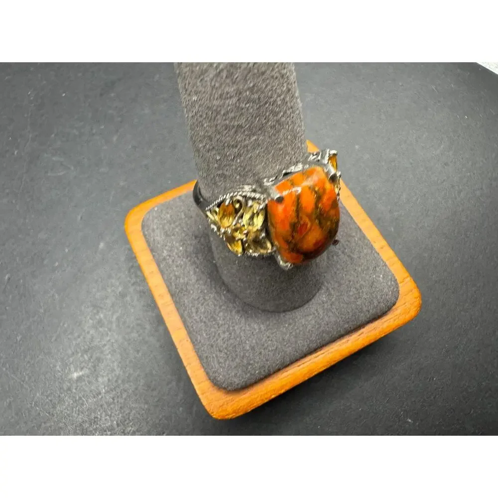 STS Spiny Oyster Cabochon & Citrine Gemstone Sterling Silver 925 Ring Size 9.75